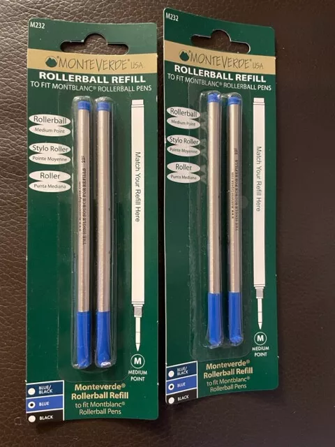 NEW MONTBLANC BY MONTEVERDE ROLLERBALL MEDIUM Pt Refill BLUE 4 Pk 88516 SEALED NEW MONTBLANC BY MONTEVERDE ROLLERBALL MEDIUM Pt Refill BLUE 4 Pk 88516 SEALED