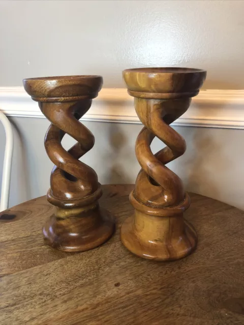 Pair Of VTG Double Swirl Mcm Wood Pillar Candlestick candle Holders Art Deco Set