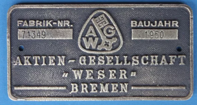 Builders plate, Fabrikschild, Waggonschild  Tram AG Weser, Bremen 1950 brass rar