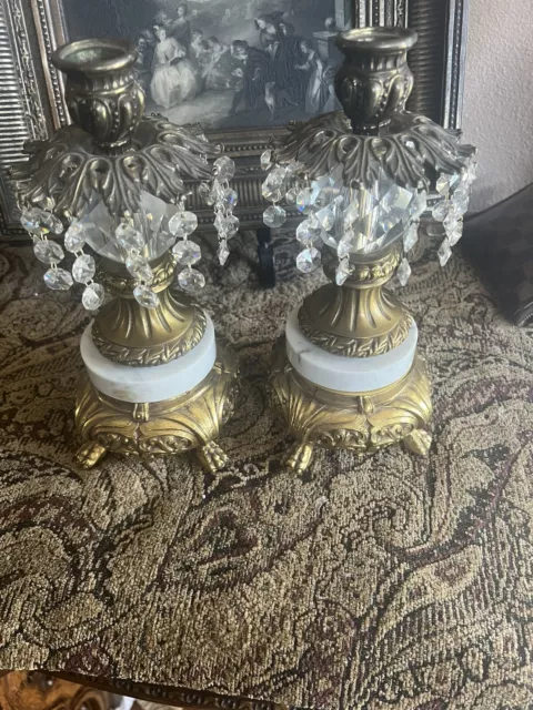 Pair Antique Hollywood Regency Style Ornate Gold cast Brass Candlestick Holders