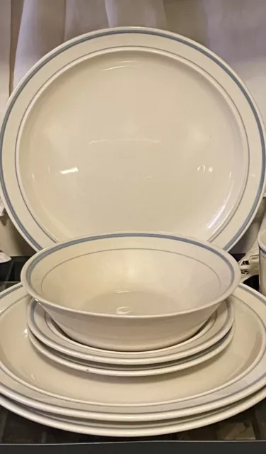 Vintage Farmhouse Blue Double Banded Stoneware/Dinnerware, Total Of 8 Pieces