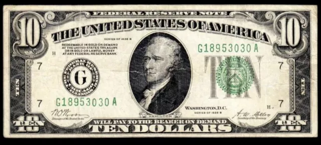 1928B Chicago $10 “Gold on Demand” Federal Reserve Note VF