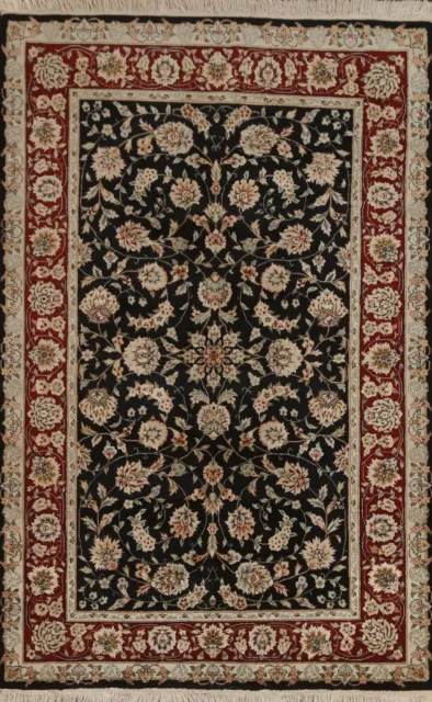 Black/ Red Floral Aubusson Chinese Area Rug 4'x6' Vegetable Dye Hand-knotted Rug