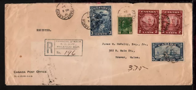 CANADA 1934 OTTAWA REGISTERED COVER Multiple Franking to MAINE USA (L325)