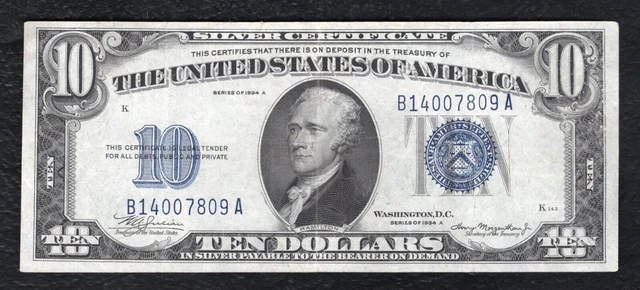 1934-A $10 Ten Dollars Silver Certificate Currency Note Extremely Fine
