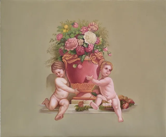 dipinto ad olio con putti - bambini con vaso di fiori - dipinto a mano