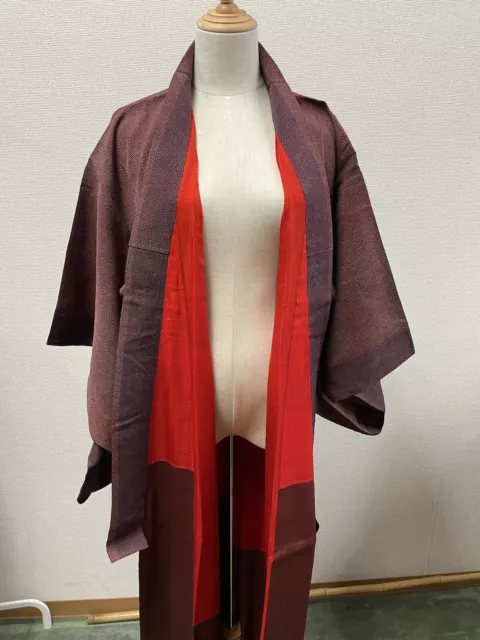 H&A SILK Vintage Japanese KIMONO Dress cardigan Azuki Red Yukata Japan women