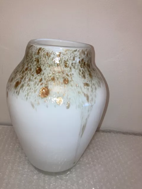 Vintage Art Glass White Vase Copper Gold Flecks Speckles Gorgeous 9” Tall