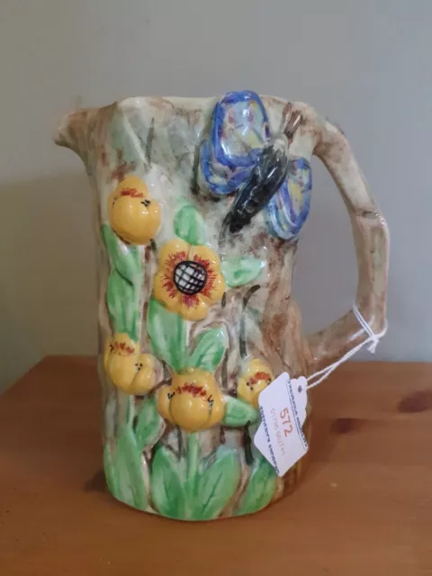 E Radford Butterfly Flower Majolica Ware Jug Hand Painted Art Deco 16.5cms Tall