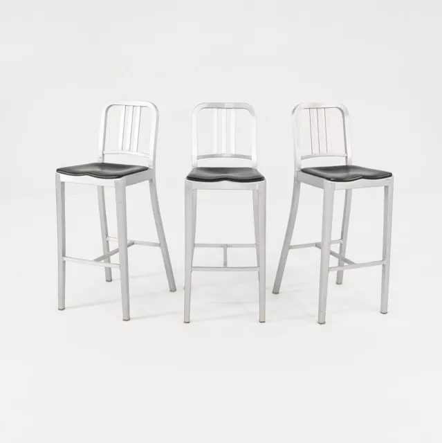 Set of Three 2018 Emeco Navy Bar Stools with Black Pads in Brushed Aluminum 1006