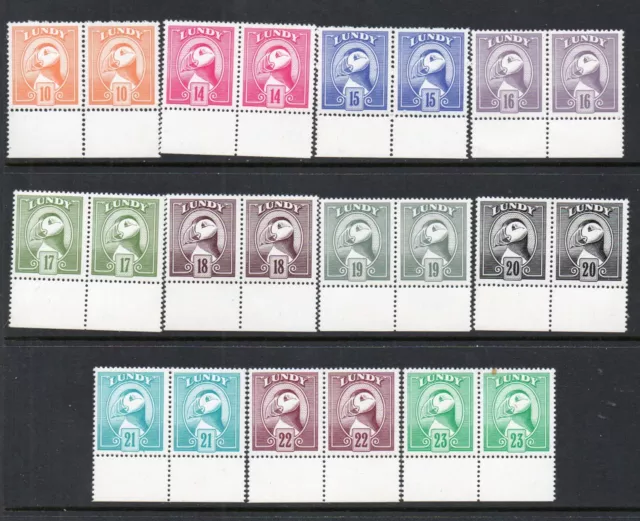 UK Locals/Cinderellas Lundy Puffins Definitives x 11 Differnt UM/MNH Pairs