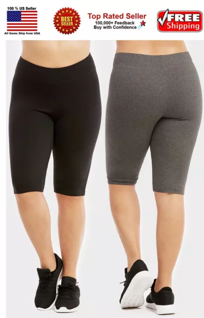 Ladies 2X 3X Plus Size Cotton Spandex Yoga Workout Long Bike Shorts Leggings