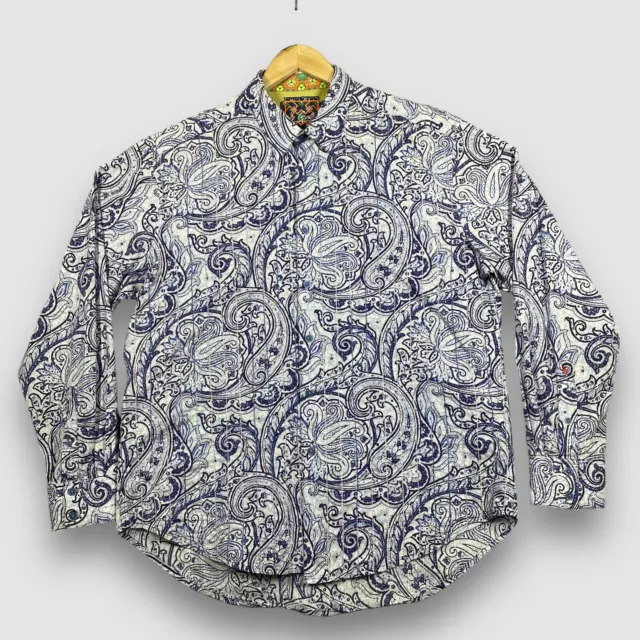 Robert Graham Mens XL White Blue Paisley Print Floral Flip Cuff LS Dress Shirt