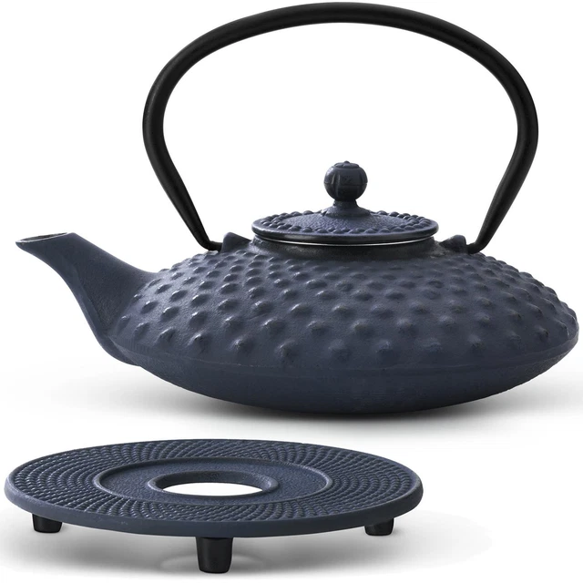 Asia Tee Set Teekanne Teesieb 1 Teeuntersetzer Stövchen Gußeisen blau 0,8 L