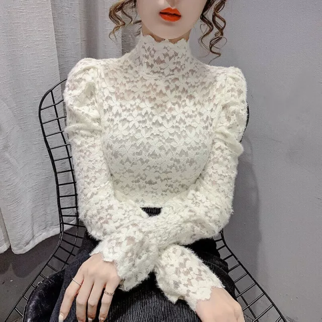 Donna Rete Floreale Pizzo Camicia Dolcevita Camicetta Puff Top Trasparente