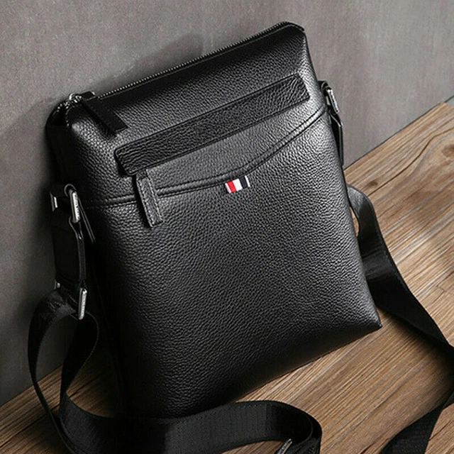 Men's Black Cowhide Leather Litchi Messenger Single Shoulder Bag Crossbody Bag