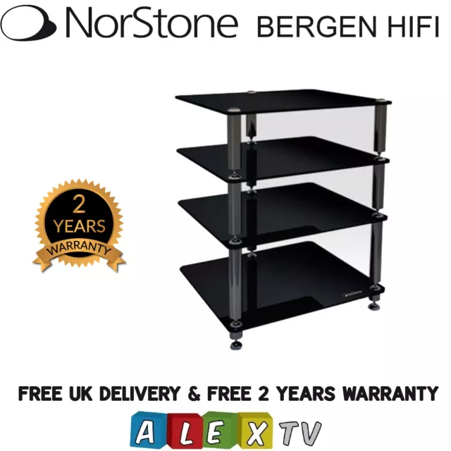 Norstone Bergen 2 HiFi Stand Rack Unit with 4 Black Glass Shelves FREE POSTAGE