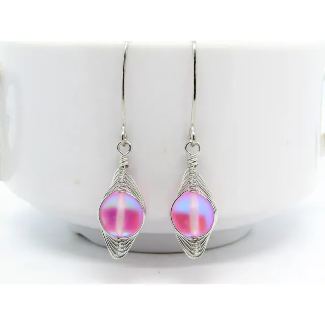 Pink "Mermaid Glass" Sea Glass Artisan Silver Earrings, Handmade Ladies Fashion