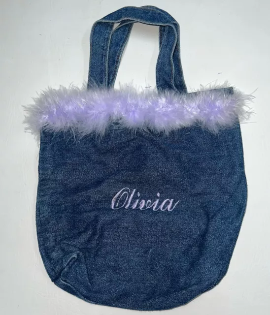 Denim Tote Bag Purse Embroidered Name OLIVIA Small Purple Boa Trim Girls Womens