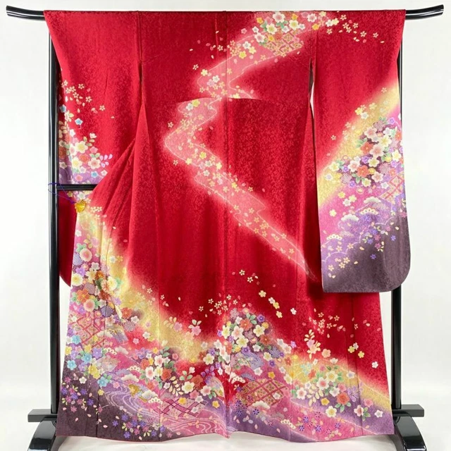Woman Japanese Kimono Furisode Silk Flower Flowing Water Gold Thread Red
