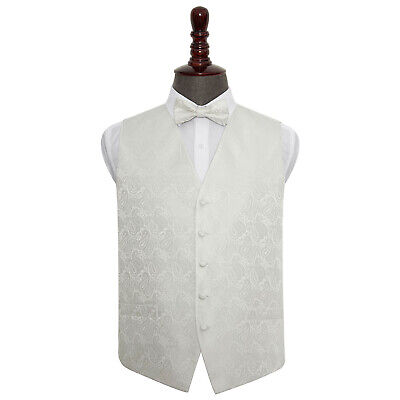 DQT Woven Floral Paisley Ivory Mens Wedding Waistcoat & Bow Tie Set