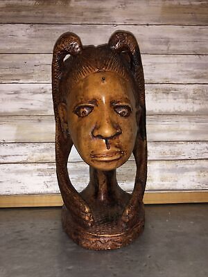 Vintage African Tribal Head Bust - Woman Hand Carved Wood Nigerian Art BEAUTIFUL