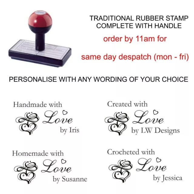Personalised Handmade By Rubber Stamp With Your Name Made With Love Heart Design