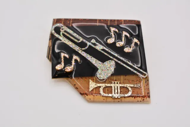 Vintage Music Pins By Lucinda Brooch Trombone Instrument Glitter Signed BinF