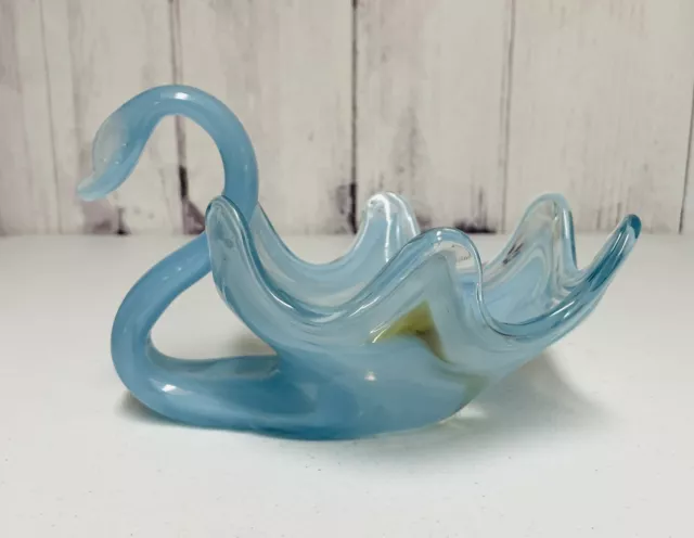 Vintage Mid Century Large Hand Blown Swirl Art Glass Swan Bowl Blue