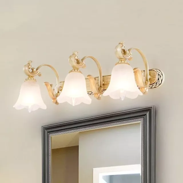 3-Head Flower Vanity Light Fixture Colonial Style Brushed Gold Opal Glass 2 SETS