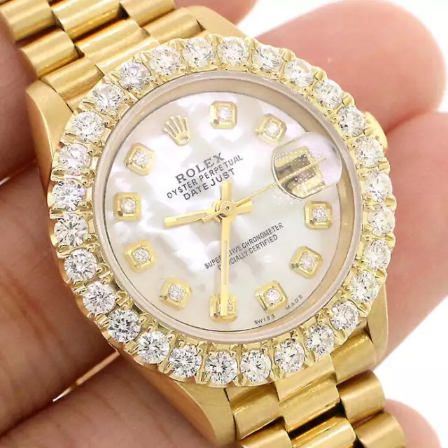 Rolex President Datejust 26mm 2CT Diamond Bezel/White MOP Dial Yellow Gold Watch