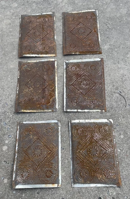 Antique Set of 6 Tin Punched Panels for Pie Safe Jelly Cabinet