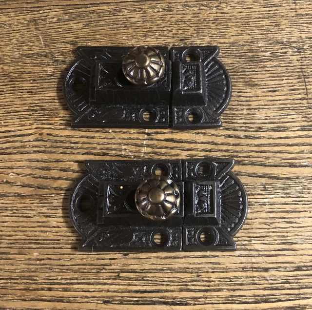 Pair Matching Elegant Antique Cabinet Latches With Brass Tops, c1880's