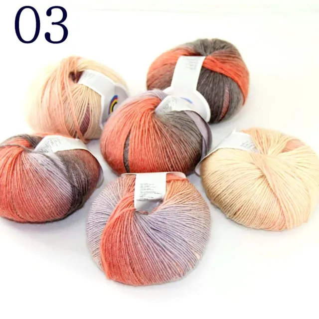Sale 6ballsX50gr Colorful Rainbow Rug Shawl Cashmere Wool Hand Crochet Yarn 03