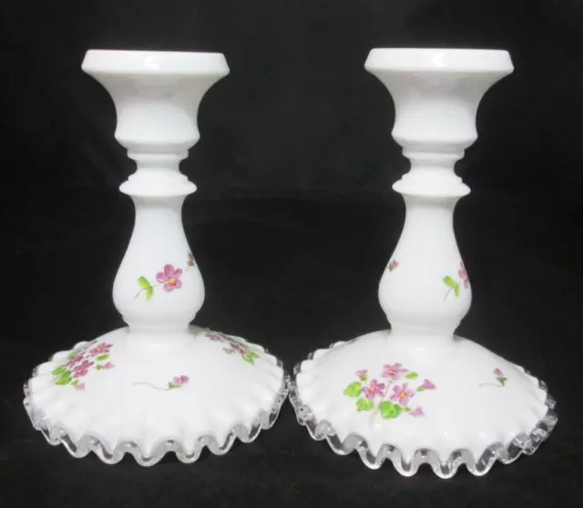 Vintage Fenton Milk Glass Silver Crest Violets in the Snow Candle Holder Pair