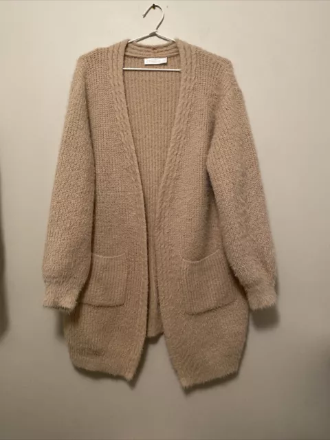 Miracle Wool blend cardigan beige fluffy Sz S M 10 12 chunky knit