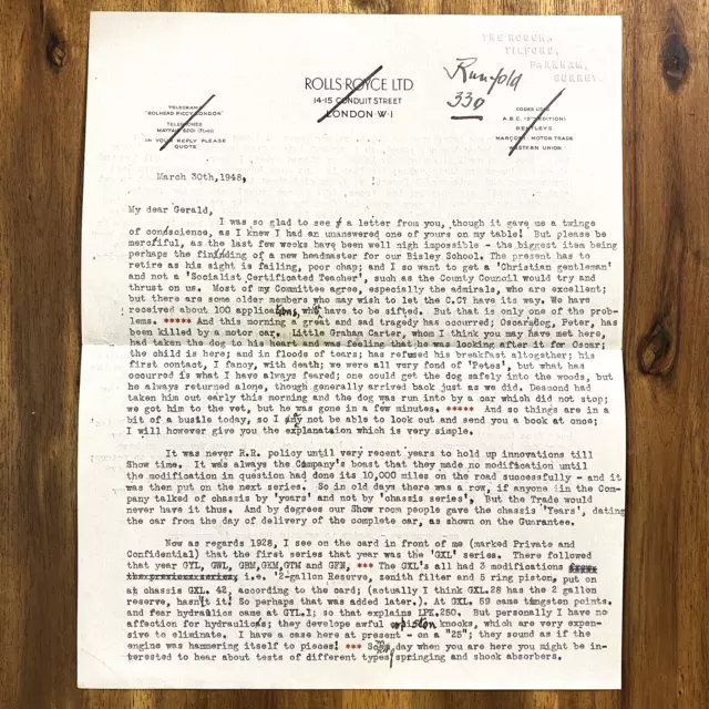 1948: Rolls Royce Ltd Letter Letterhead Document Conduit Street re: 1928 GXL