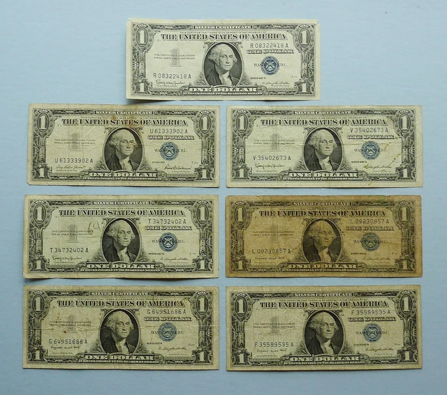 Lot Of 7 ~ 1957 A + B ~ $1.00 Silver Certificate Notes ~ Poor - Fine Conditions