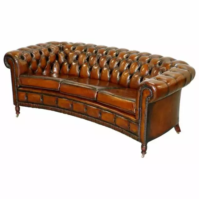 Very Rare Curved Front Fully Restored Cigar Brown Leather Chesterfield Club Sofa