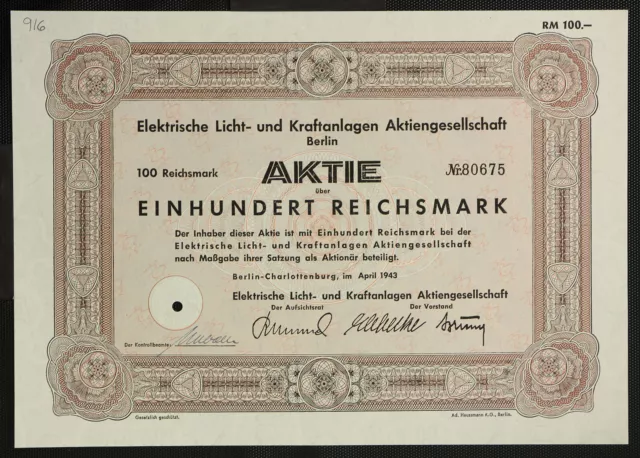 GERMANY 916/W&E -Elektrische Licht- und Kraftanlagen Aktiengesellschaft, 100 RM