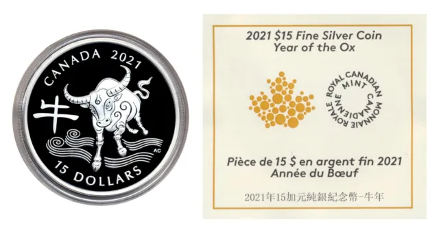 Canada 2021 15$ Proof Year of the Ox Lunar Fine Silver Coin w/ COA
