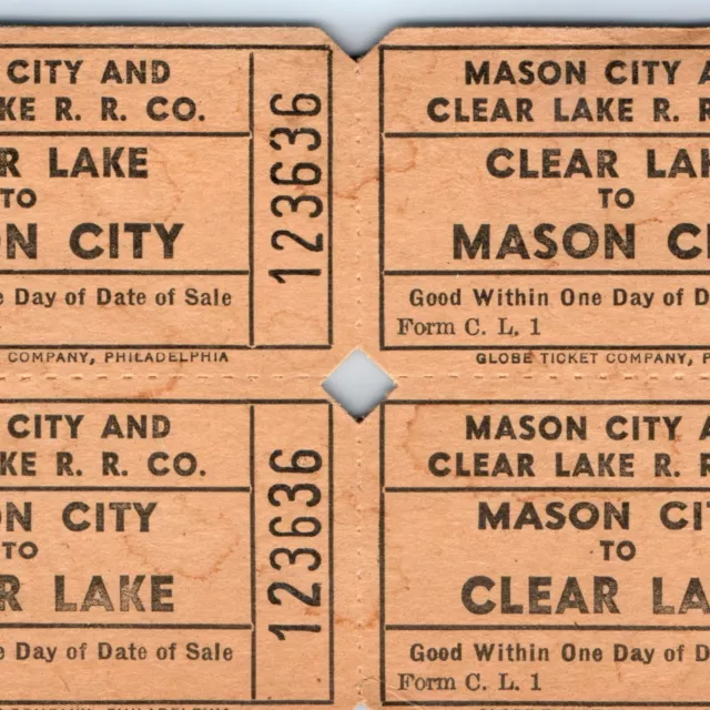 x4 SET c1920s Mason City & Clear Lake Railroad Ticket Stubs Train Globe Pass C48