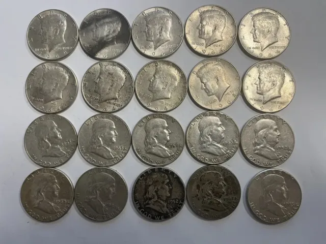 ROLL OF 20 Silver HALF DOLLARS 10 FRANKLIN & 10 1964 KENNEDY 90%