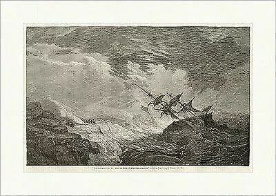Das Rettunswerfen zur See. Schiff im Sturm Signallicht Dunean Holzstich E 6002