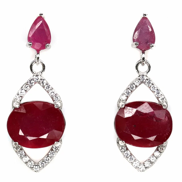 8 X 10 Mm. Oval Mit Birne Rot Rubin & Weiß Cubic Zirkonia Ohrringe 925 Silber