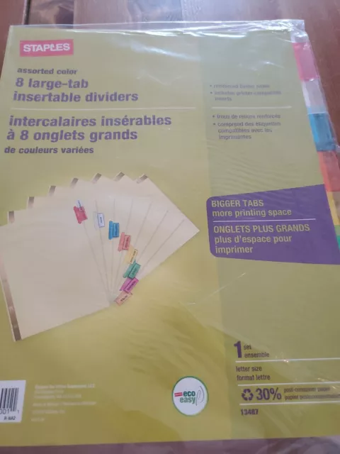 Staples Assorted Color 8 Large Tab Insertable Dividers - 1 Set Letter Size