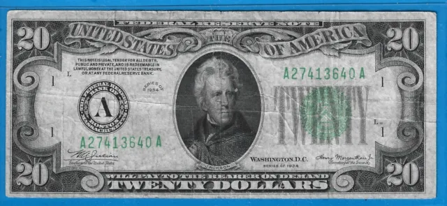 1934 $20 FRN A-Boston,*Rare* Mule Note B/P# 351,Green Seal,Circ F/VF,Nice!