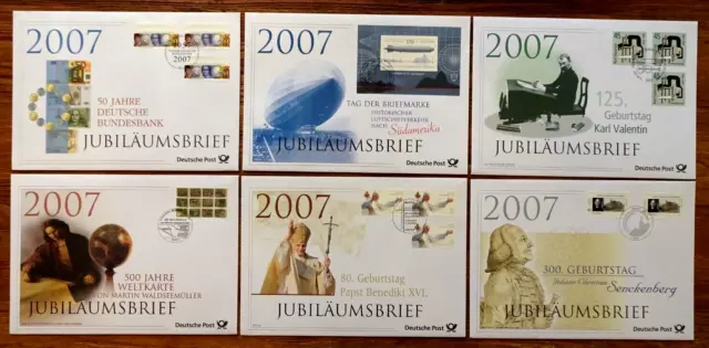 Bund 2007 6 x Jubiläumsbriefe FDC Tag der Briefmarke, Papst,Senckenberg,Valentin