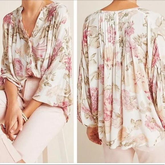 Anthropologie X Frye Elden Floral Pintuck Blouse Shirt Top Size Small