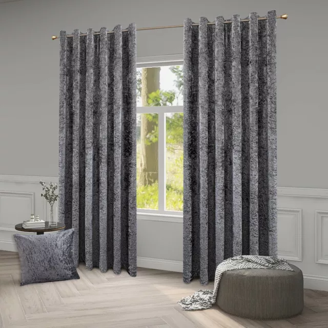 ROOEE Luxury Crushed Velvet Curtains PAIR Fully Lined Eyelet Ring Top Ready Made